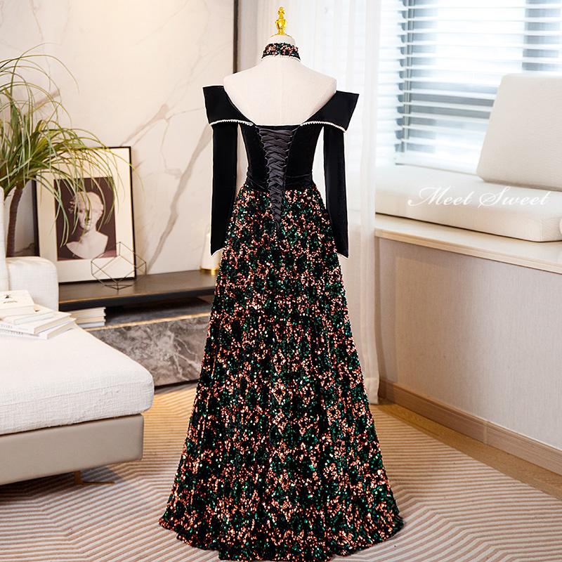 カラードレス 編み上げ ブラック 長袖 スパンコール ステージ ロングドレス 結婚式 二次会 発表会 演奏会 ウェディングドレス ウエディングドレス Aラインドレス イブニングドレス コンサート コンクール パーティードレス ブライダル 花嫁 披露宴 スレンダードレス