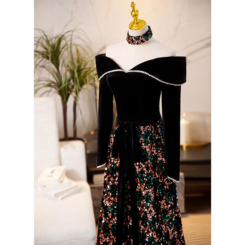 カラードレス 編み上げ ブラック 長袖 スパンコール ステージ ロングドレス 結婚式 二次会 発表会 演奏会 ウェディングドレス ウエディングドレス Aラインドレス イブニングドレス コンサート コンクール パーティードレス ブライダル 花嫁 披露宴 スレンダードレス