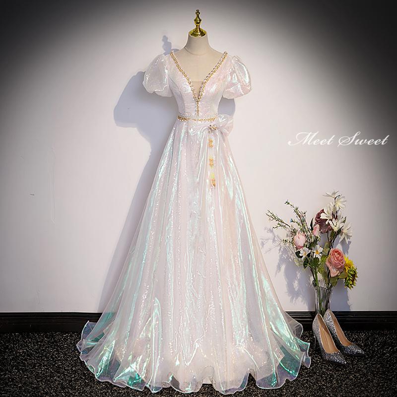 カラードレス ホワイト パススリープ 半袖 ステージドレス ロングドレス 結婚式 二次会 発表会 演奏会 ウェディングドレス ウエディングドレス Aラインドレス イブニングドレス コンサート コンクール パーティードレス ブライダル 花嫁 披露宴 スレンダードレス