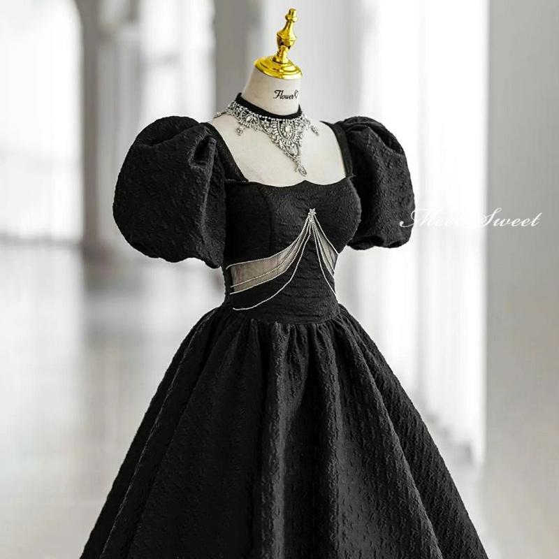 カラードレス 編み上げ ブラック パフスリーブ ステージドレス ロングドレス 結婚式 二次会 発表会 演奏会 ウェディングドレス ウエディングドレス プリンセス イブニングドレス コンサート 前撮り パーティードレス ブライダル 花嫁 披露宴 半袖 黒 Aラインドレス