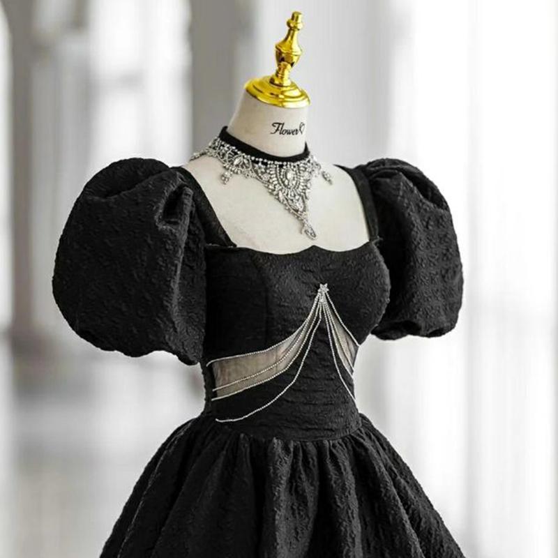 カラードレス 編み上げ ブラック パフスリーブ ステージドレス ロングドレス 結婚式 二次会 発表会 演奏会 ウェディングドレス ウエディングドレス プリンセス イブニングドレス コンサート 前撮り パーティードレス ブライダル 花嫁 披露宴 半袖 黒 Aラインドレス