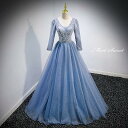 カラードレス 編み上げ ブルー 長袖 ステージドレス ロングドレス 結婚式 二次会 発表会 演奏会 ウェディングドレス ウエディングドレス Aラインドレス 舞台衣装 イブニングドレス コンサート 前撮り パーティードレス ブライダル 花嫁 披露宴 大人 40代 50代 60代(4)
