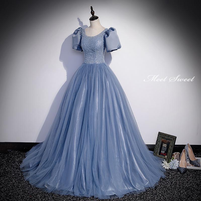 カラードレス 編み上げ ブルー 青 半袖 ステージドレス ロングドレス 結婚式 二次会 発表会 演奏会 ウェディングドレス ウエディングドレス プリンセスドレス イブニングドレス コンサート 前撮り パーティードレス ブライダル 花嫁 披露宴 プリンセスラインドレス