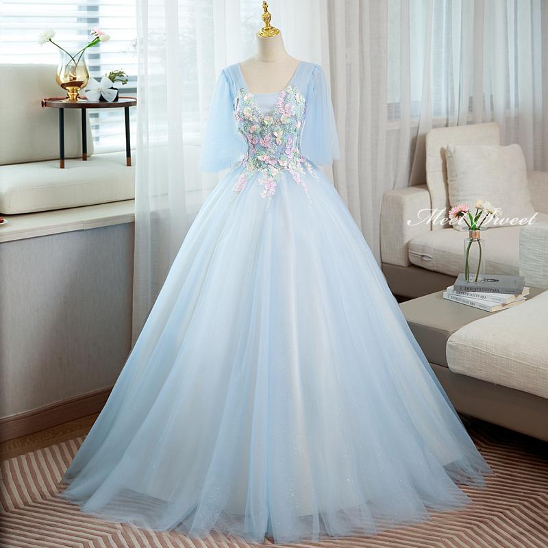 カラードレス 編み上げ ブルー フリルスリーブ ロングドレス 結婚式 二次会 発表会 演奏会 ウェディングドレス ウエディングドレス 花嫁 前撮り プリンセスドレス イブニングドレス コンサート パーティードレス ブライダル 披露宴 舞台演出衣装 プリンセスラインドレス