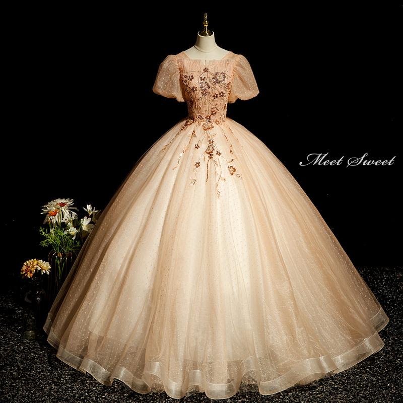 カラードレス 編み上げ シャンパン 半袖 花柄 ロングドレス 結婚式 二次会 発表会 演奏会 ウェディングドレス ウエディングドレス 花嫁 前撮り プリンセスドレス イブニングドレス コンサート パーティードレス ブライダル 披露宴 舞台演出衣装 プリンセスラインドレス