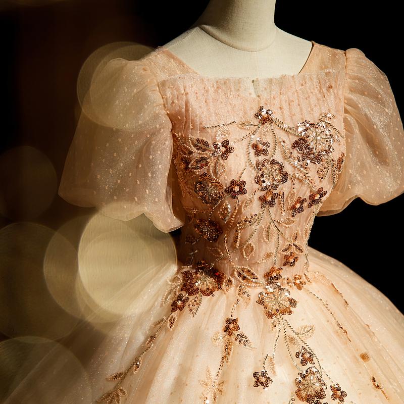 カラードレス 編み上げ シャンパン 半袖 花柄 ロングドレス 結婚式 二次会 発表会 演奏会 ウェディングドレス ウエディングドレス 花嫁 前撮り プリンセスドレス イブニングドレス コンサート パーティードレス ブライダル 披露宴 舞台演出衣装 プリンセスラインドレス