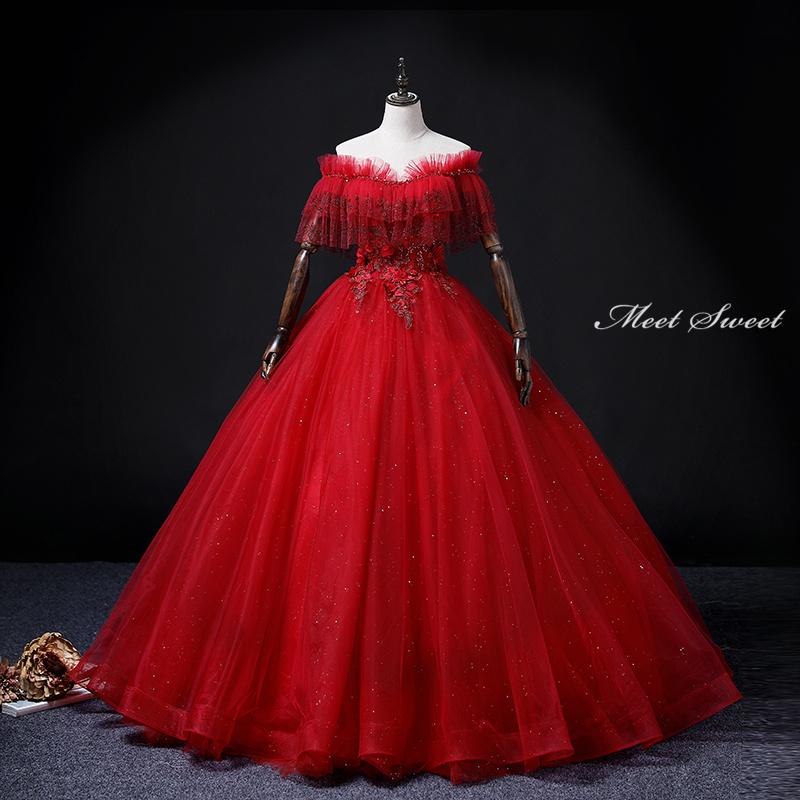 カラードレス 編み上げ レッド オフショルダー ロングドレス 結婚式 二次会 発表会 演奏会 ウェディングドレス ウエディングドレス 花嫁 前撮り Aラインドレス イブニングドレス コンサート パーティードレス ブライダル 披露宴 舞台演出衣装 プリンセスラインドレス