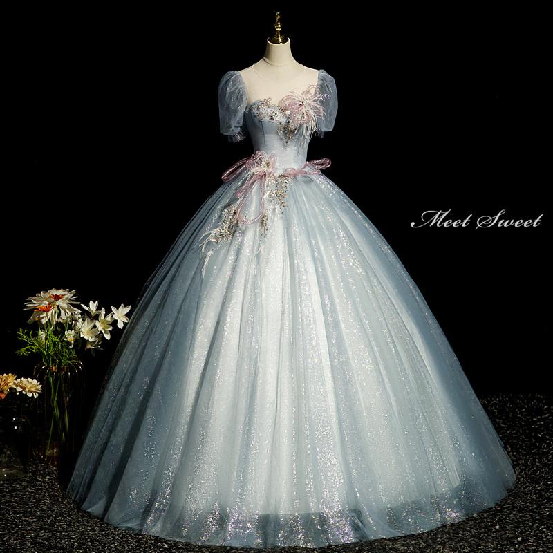 カラードレス 編み上げ グレーブルー 半袖 青 ロングドレス 結婚式 二次会 発表会 演奏会 ウェディングドレス ウエディングドレス 花嫁 前撮り プリンセスドレス イブニングドレス コンサート パーティードレス ブライダル 披露宴 舞台演出衣装 プリンセスラインドレス