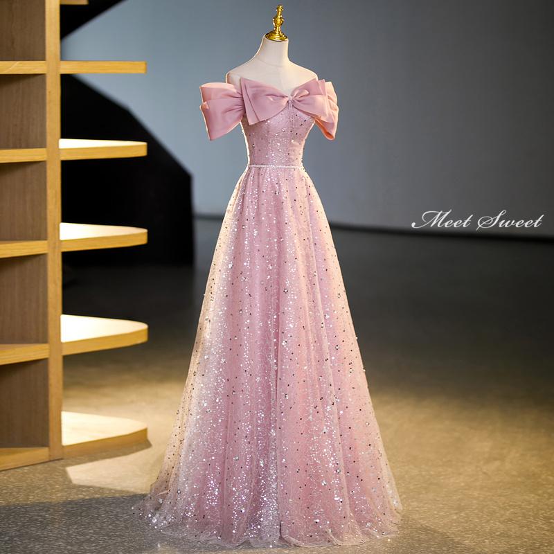 カラードレス 編み上げ ピンク オフショルダー ロングドレス 結婚式 二次会 発表会...
