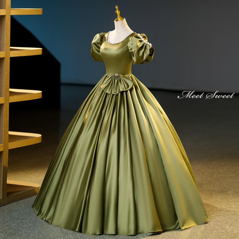 カラードレス 編み上げ グリーン パフスリーブ ロングドレス 結婚式 二次会 発表会 演奏会 ウェディングドレス ウエディングドレス 緑 前撮り プリンセスドレス イブニングドレス コンサート パーティードレス ブライダル 披露宴 花嫁 舞台衣装 プリンセスラインドレス