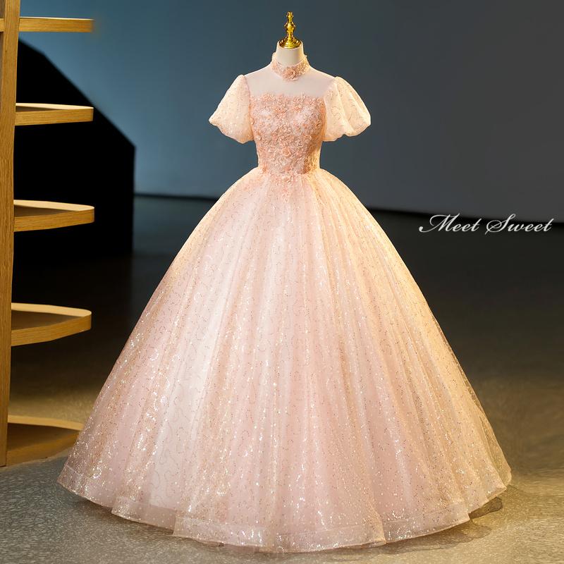 カラードレス 編み上げ パフスリーブ 花刺繍 ロングドレス 結婚式 二次会 発表会 演奏会 ウェディングドレス ウエディングドレス 花嫁 前撮り プリンセスドレス イブニングドレス コンサート パーティードレス ブライダル 披露宴 舞台演出衣装 プリンセスラインドレス