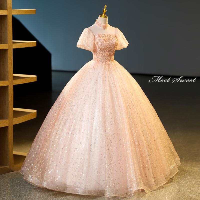 カラードレス 編み上げ パフスリーブ 花刺繍 ロングドレス 結婚式 二次会 発表会 演奏会 ウェディングドレス ウエディングドレス 花嫁 前撮り プリンセスドレス イブニングドレス コンサート パーティードレス ブライダル 披露宴 舞台演出衣装 プリンセスラインドレス