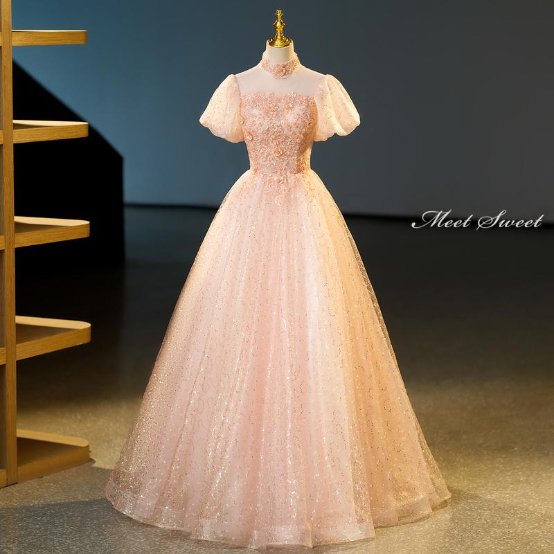 カラードレス 編み上げ パフスリーブ 花刺繍 ロングドレス 結婚式 二次会 発表会 演奏会 ウェディングドレス ウエディングドレス 花嫁 前撮り プリンセスドレス イブニングドレス コンサート パーティードレス ブライダル 披露宴 舞台演出衣装 プリンセスラインドレス