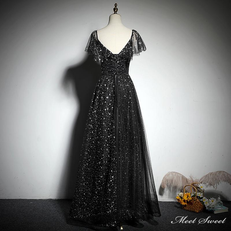 カラードレス 編み上げ ブラック 黒 袖付き ロングドレス 結婚式 二次会 発表会 演奏会 ウェディングドレス ウエディングドレス 花嫁 前撮り 大人 Aラインドレス イブニングドレス コンサート パーティードレス ブライダル 披露宴 舞台 ステージ衣装 スレンダードレス