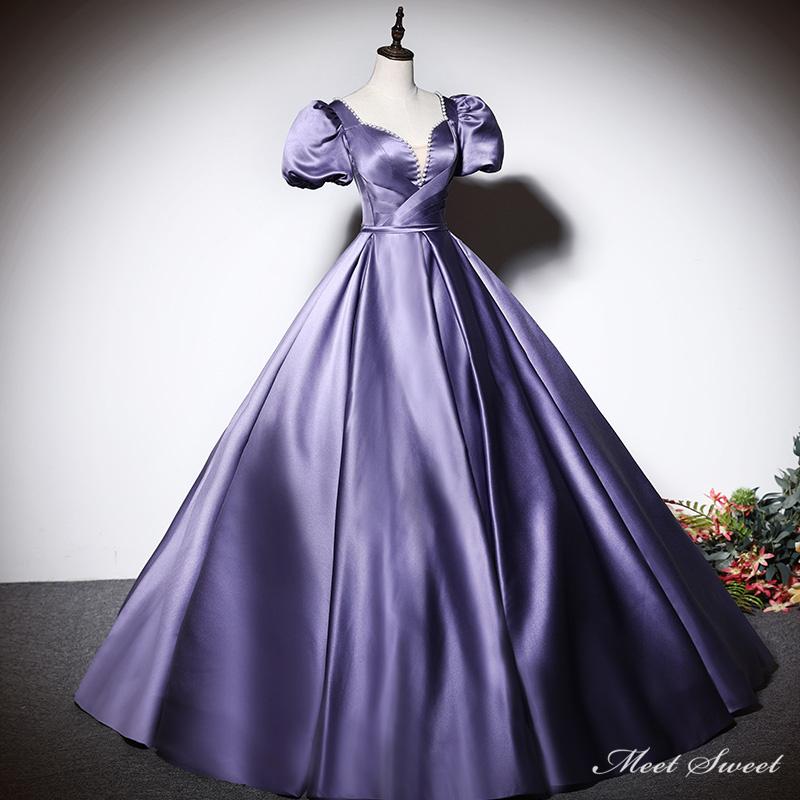 【P5倍★BLACK FRIDAY限定】カラードレス 編み上げ パープル パフスリーブ ロングドレス 結婚式 二次会 発表会 演奏会 ウェディングドレス ウエディングドレス 花嫁 前撮り Aラインドレス イブニングドレス コンサート パーティードレス ブライダル 披露宴 舞台演出衣装