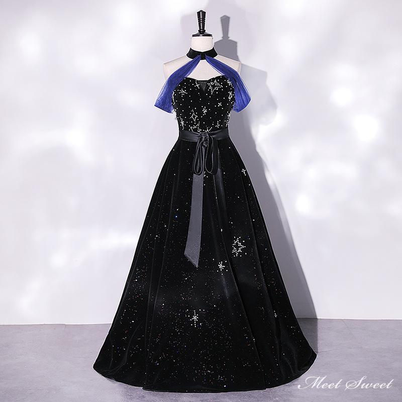 カラードレス ベルベット 星柄 ブラック ホルターネック ロングドレス 結婚式 二次会 発表会 演奏会 ウェディングドレス ウエディングドレス 花嫁 前撮り 成人式 イブニングドレス コンサート パーティードレス ブライダル 披露宴 舞台衣装 ステージ 卒業式 Aラインドレス