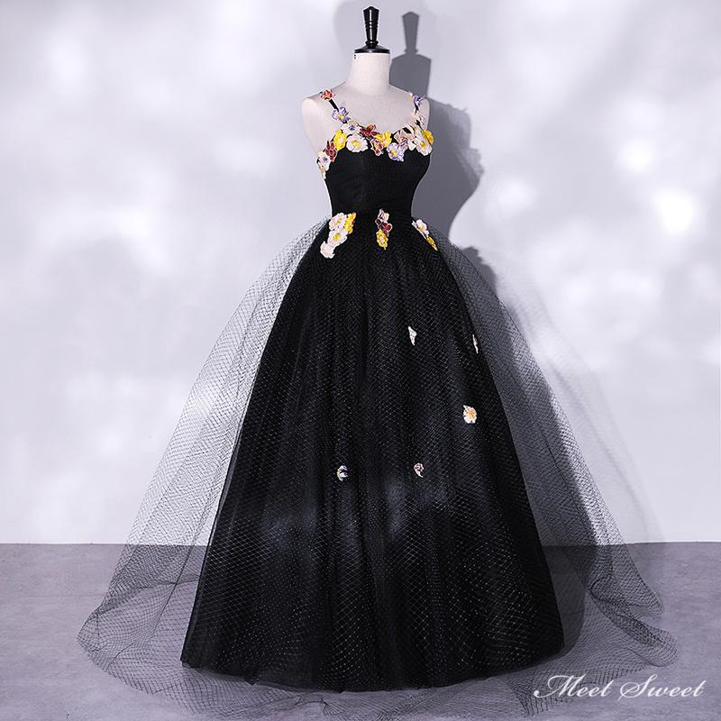 カラードレス 編み上げ ブラック 花柄 袖なし ロングドレス 結婚式 二次会 発表会 演奏会 ウェディングドレス ウエディングドレス 花嫁 前撮り プリンセスドレス イブニングドレス コンサート パーティードレス ブライダル 披露宴 舞台演出衣装 プリンセスラインドレス