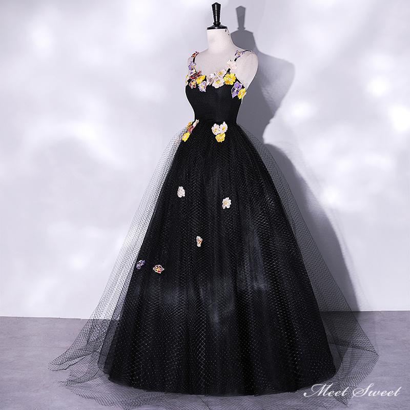 カラードレス 編み上げ ブラック 花柄 袖なし ロングドレス 結婚式 二次会 発表会 演奏会 ウェディングドレス ウエディングドレス 花嫁 前撮り プリンセスドレス イブニングドレス コンサート パーティードレス ブライダル 披露宴 舞台演出衣装 プリンセスラインドレス