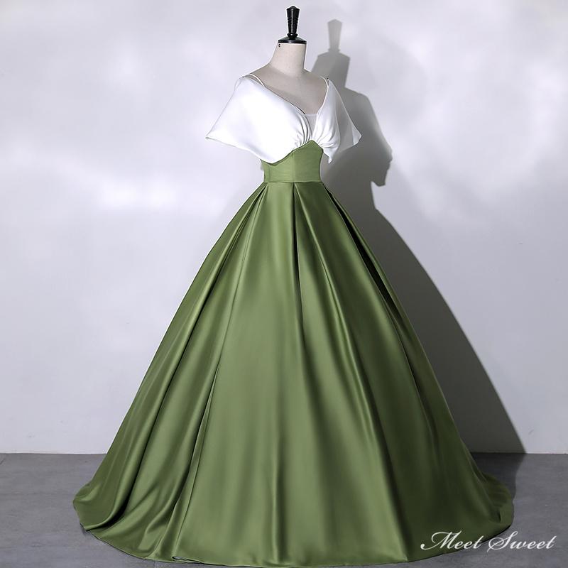 カラードレス 編み上げ ホワイト グリーン ロングドレス 結婚式 二次会 発表会 演奏会 ウェディングドレス ウエディングドレス 花嫁 前撮り プリンセスドレス イブニングドレス コンサート パーティードレス ブライダル 披露宴 舞台演出衣装 プリンセスラインドレス