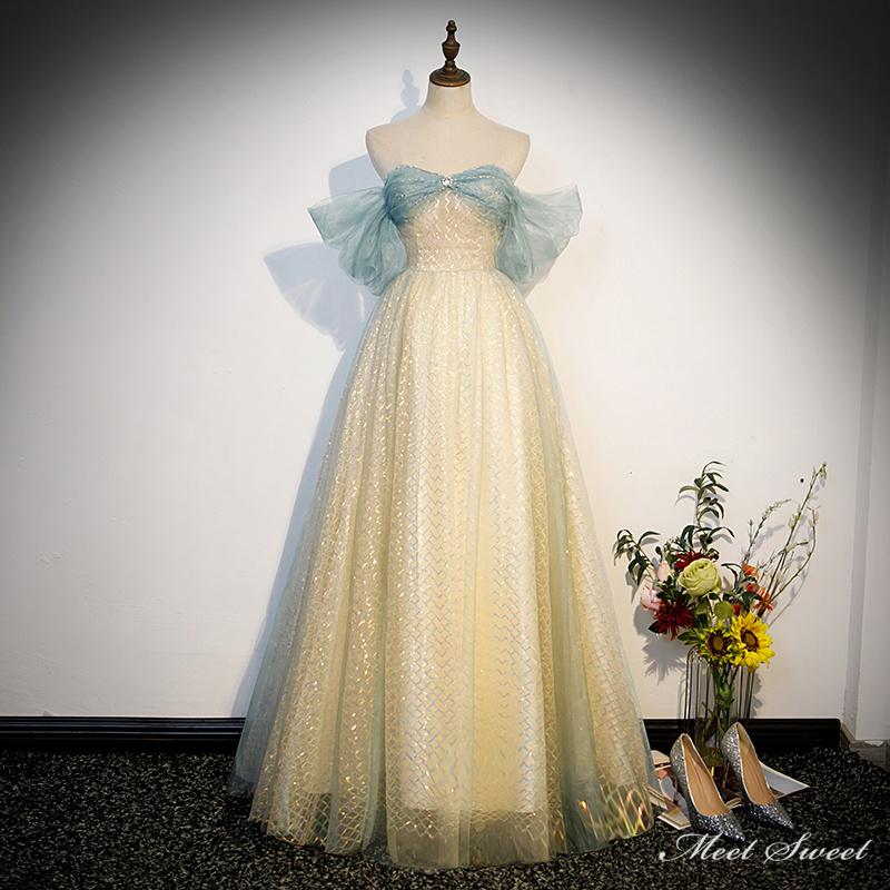 ミートスウィートのカラードレス シャンパン オフショルダー ロングドレス 結婚式 二次会 発表会 演奏会 ウェディングドレス ウエディングドレス 花嫁 前撮り 成人式 Aラインドレス イブニングドレス コンサート パーティードレス ブライダル 披露宴 舞台演出衣装 プリンセスラインドレス｜アングル2