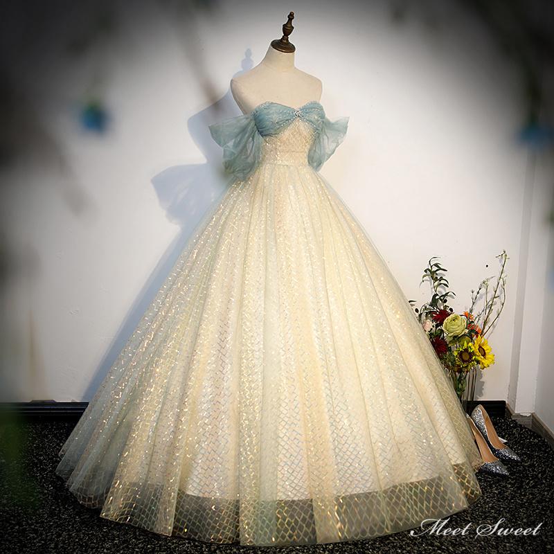 ミートスウィートのカラードレス シャンパン オフショルダー ロングドレス 結婚式 二次会 発表会 演奏会 ウェディングドレス ウエディングドレス 花嫁 前撮り 成人式 Aラインドレス イブニングドレス コンサート パーティードレス ブライダル 披露宴 舞台演出衣装 プリンセスラインドレス｜アングル3