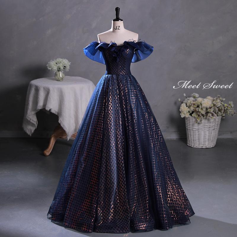 カラードレス 編み上げ ネイビー オフショルダー ロングドレス 結婚式 二次会 発表会 演奏会 ウェディングドレス ウエディングドレス 紺 前撮り プリンセスドレス イブニングドレス コンサート パーティードレス ブライダル 披露宴 舞台演出衣装 プリンセスラインドレス