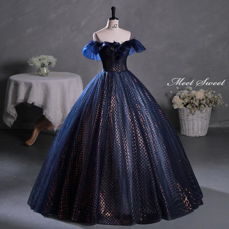 カラードレス 編み上げ ネイビー オフショルダー ロングドレス 結婚式 二次会 発表会 演奏会 ウェディングドレス ウエディングドレス 紺 前撮り プリンセスドレス イブニングドレス コンサート パーティードレス ブライダル 披露宴 舞台演出衣装 プリンセスラインドレス