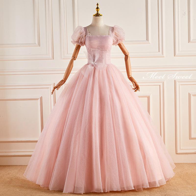 カラードレス 編み上げ ピンク 半袖 ロングドレス 結婚式 二次会 発表会 演奏会 ウェディングドレス ウエディングドレス 花嫁 前撮り プリンセスドレス かわいい イブニングドレス コンサート パーティードレス ブライダル 披露宴 舞台演出衣装 プリンセスラインドレス