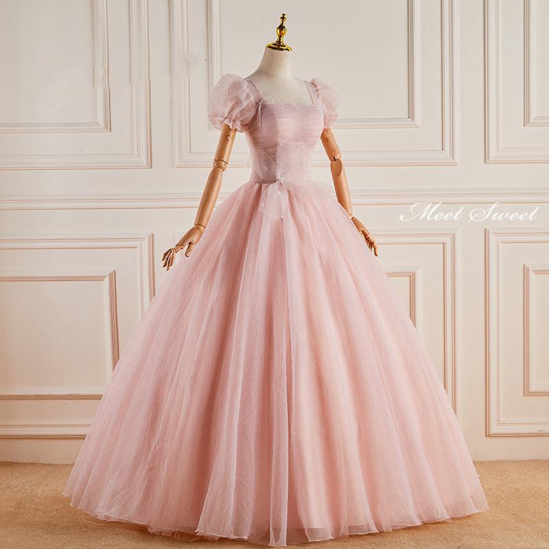 カラードレス 編み上げ ピンク 半袖 ロングドレス 結婚式 二次会 発表会 演奏会 ウェディングドレス ウエディングドレス 花嫁 前撮り プリンセスドレス かわいい イブニングドレス コンサート パーティードレス ブライダル 披露宴 舞台演出衣装 プリンセスラインドレス