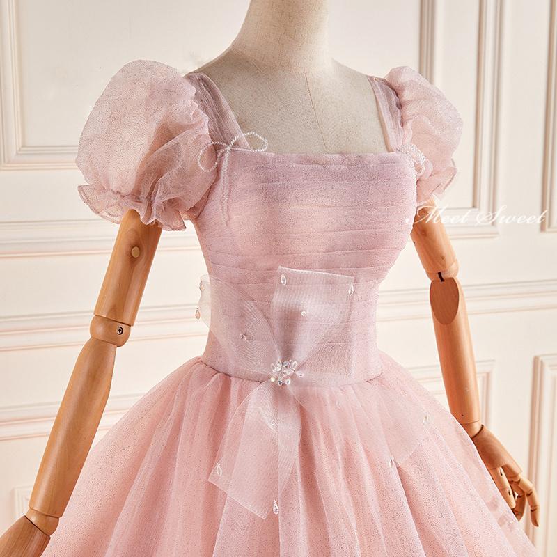 カラードレス 編み上げ ピンク 半袖 ロングドレス 結婚式 二次会 発表会 演奏会 ウェディングドレス ウエディングドレス 花嫁 前撮り プリンセスドレス かわいい イブニングドレス コンサート パーティードレス ブライダル 披露宴 舞台演出衣装 プリンセスラインドレス