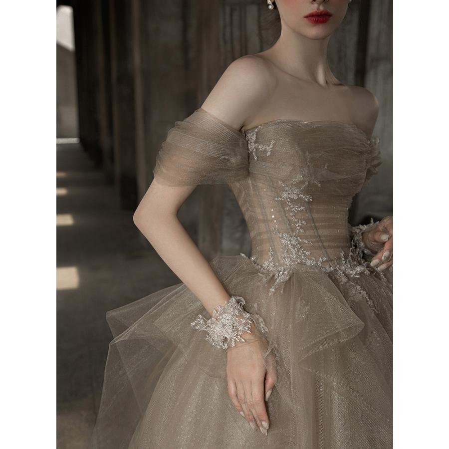 カラードレス ファスナー ブラウン チュール ロングドレス 結婚式 二次会 発表会 演奏会 ウェディングドレス ウエディングドレス 花嫁 前撮り プリンセスドレス イブニングドレス コンサート パーティードレス ブライダル 披露宴 舞台演出衣装 プリンセスラインドレス