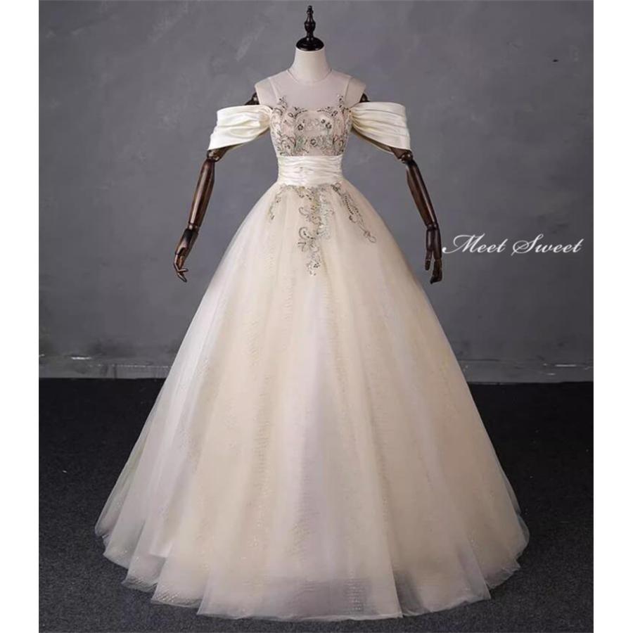 カラードレス 編み上げ シャンパン リボン ロングドレス 結婚式 二次会 発表会 演奏会 ウェディングドレス ウエディングドレス 花嫁 前撮り プリンセスドレス イブニングドレス コンサート パーティードレス ブライダル 披露宴 舞台演出衣装 プリンセスラインドレス