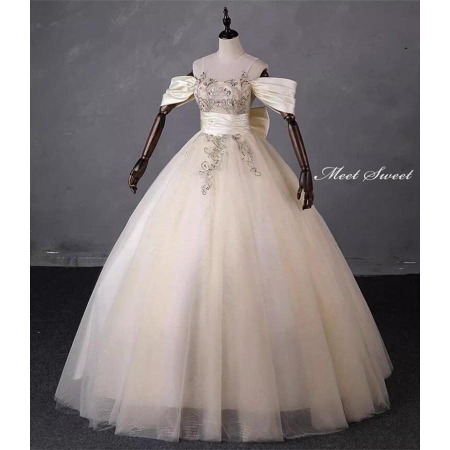 カラードレス 編み上げ シャンパン リボン ロングドレス 結婚式 二次会 発表会 演奏会 ウェディングドレス ウエディングドレス 花嫁 前撮り プリンセスドレス イブニングドレス コンサート パーティードレス ブライダル 披露宴 舞台演出衣装 プリンセスラインドレス