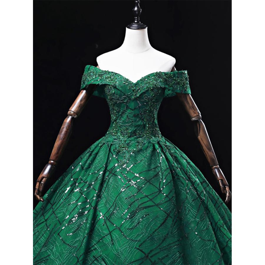 カラードレス 編み上げ グリーン オフショルダー ロングドレス 結婚式 二次会 発表会 演奏会 ウェディングドレス ウエディングドレス 前撮り プリンセスドレス イブニングドレス コンサート パーティードレス ブライダル 披露宴 舞台演出衣装 プリンセスラインドレス