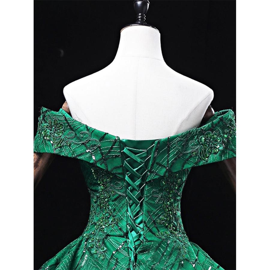 カラードレス 編み上げ グリーン オフショルダー ロングドレス 結婚式 二次会 発表会 演奏会 ウェディングドレス ウエディングドレス 前撮り プリンセスドレス イブニングドレス コンサート パーティードレス ブライダル 披露宴 舞台演出衣装 プリンセスラインドレス