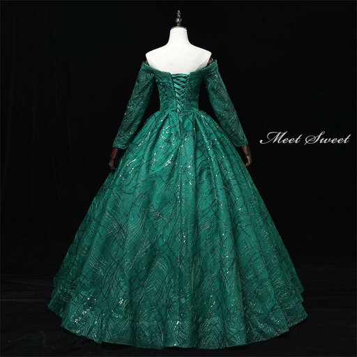 カラードレス グリーン オフショルダー 長袖 ロングドレス 結婚式 二次会 発表会 演奏会 ウェディングドレス ウエディングドレス 花嫁 前撮り プリンセスドレス イブニングドレス コンサート パーティードレス ブライダル 披露宴 舞台演出衣装 プリンセスラインドレス