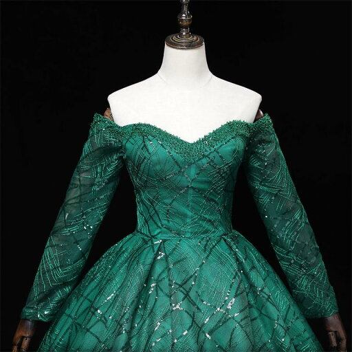 カラードレス グリーン オフショルダー 長袖 ロングドレス 結婚式 二次会 発表会 演奏会 ウェディングドレス ウエディングドレス 花嫁 前撮り プリンセスドレス イブニングドレス コンサート パーティードレス ブライダル 披露宴 舞台演出衣装 プリンセスラインドレス