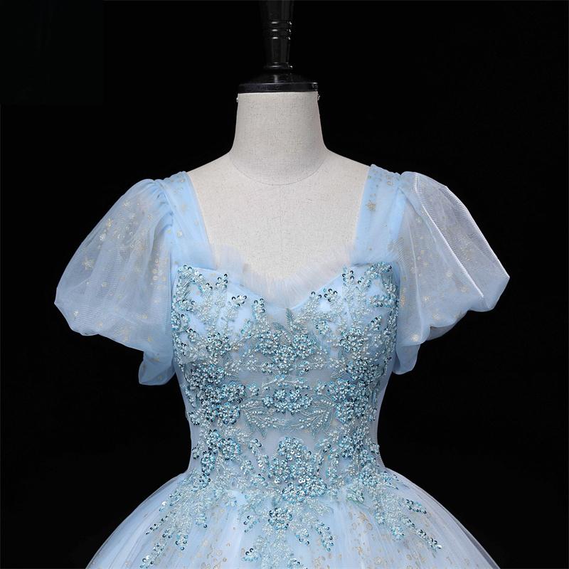 カラードレス 編み上げ ロングドレス ブルー パフスリーブ 結婚式 二次会 発表会 演奏会 ウェディングドレス ウエディングドレス 花嫁 前撮り プリンセスドレス イブニングドレス コンサート パーティードレス ブライダル 披露宴 舞台演出衣装 プリンセスラインドレス