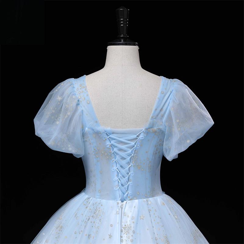 カラードレス 編み上げ ロングドレス ブルー パフスリーブ 結婚式 二次会 発表会 演奏会 ウェディングドレス ウエディングドレス 花嫁 前撮り プリンセスドレス イブニングドレス コンサート パーティードレス ブライダル 披露宴 舞台演出衣装 プリンセスラインドレス