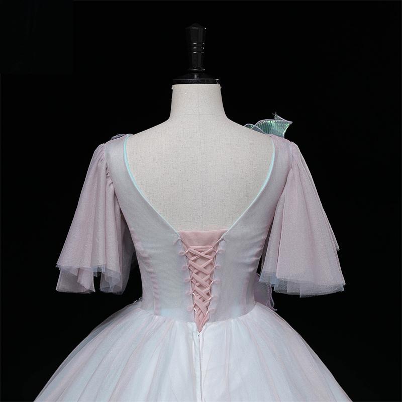 カラードレス 編み上げ ロングドレス ブルー フリル袖 青 結婚式 二次会 発表会 演奏会 ウェディングドレス ウエディングドレス 花嫁 前撮り プリンセスドレス イブニングドレス コンサート パーティードレス ブライダル 披露宴 舞台演出衣装 プリンセスラインドレス