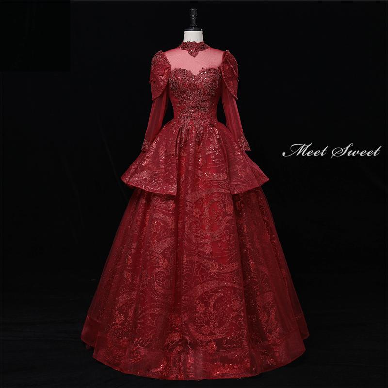 【スーパーSALE限定P2倍×最大2000円OFFクーポン】カラードレス 編み上げ ワインレッド 長袖 赤 ロングドレス 結婚式 二次会 発表会 演奏会 ウェディングドレス ウエディングドレス 花嫁 前撮り プリンセスドレス イブニングドレス コンサート パーティードレス