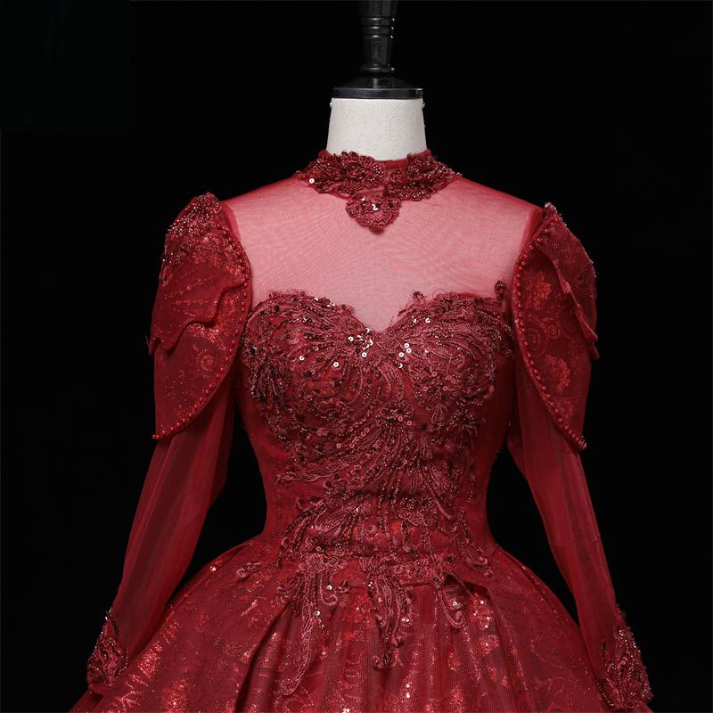 【スーパーSALE限定P2倍×最大2000円OFFクーポン】カラードレス 編み上げ ワインレッド 長袖 赤 ロングドレス 結婚式 二次会 発表会 演奏会 ウェディングドレス ウエディングドレス 花嫁 前撮り プリンセスドレス イブニングドレス コンサート パーティードレス