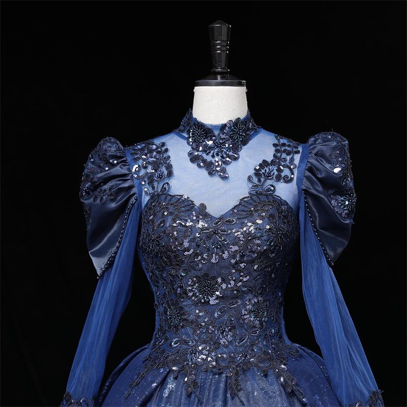 カラードレス 編み上げ ネイビー 長袖 紺色 ロングドレス 結婚式 二次会 発表会 演奏会 ウェディングドレス ウエディングドレス 花嫁 前撮り プリンセスドレス イブニングドレス コンサート パーティードレス ブライダル 披露宴 舞台演出衣装 プリンセスラインドレス