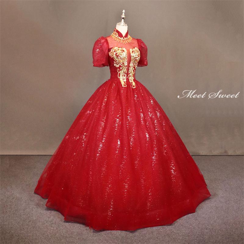 カラードレス 編み上げ レッド 半袖 刺繍 赤 ロングドレス 結婚式 二次会 発表会 演奏会 ウェディングドレス ウエディングドレス 花嫁 前撮り プリンセスドレス イブニングドレス コンサート パーティードレス ブライダル 披露宴 舞台演出衣装 プリンセスラインドレス