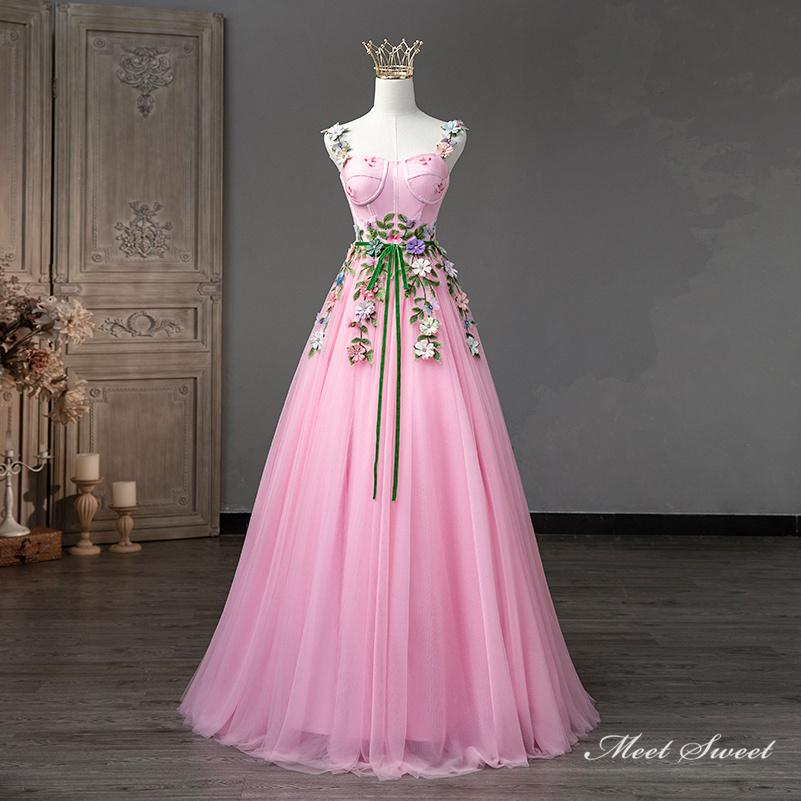カラードレス 編み上げ ピンク 花柄 袖なし ロングドレス 結婚式 二次会 発表会 演奏会 ウェディングドレス ウエディングドレス 花嫁 前撮り プリンセスドレス イブニングドレス コンサート パーティードレス ブライダル 披露宴 舞台演出衣装 プリンセスラインドレス
