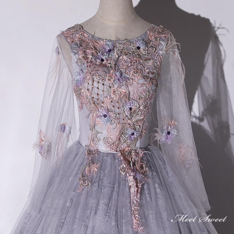 カラードレス 編み上げ グレー 長袖 総レース ロングドレス 結婚式 二次会 発表会 演奏会 ウェディングドレス ウエディングドレス 花嫁 前撮り プリンセスドレス イブニングドレス コンサート パーティードレス ブライダル 披露宴 舞台演出衣装 プリンセスラインドレス