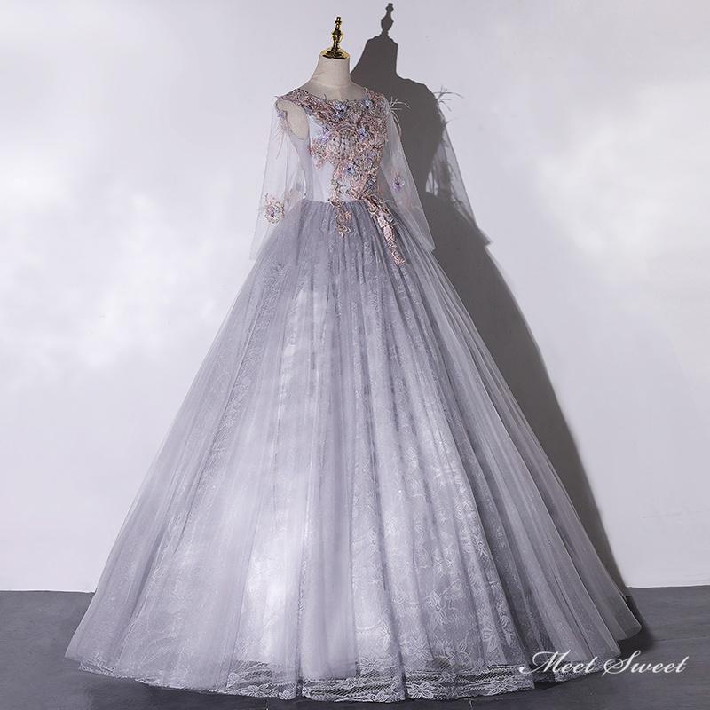 カラードレス 編み上げ グレー 長袖 総レース ロングドレス 結婚式 二次会 発表会 演奏会 ウェディングドレス ウエディングドレス 花嫁 前撮り プリンセスドレス イブニングドレス コンサート パーティードレス ブライダル 披露宴 舞台演出衣装 プリンセスラインドレス