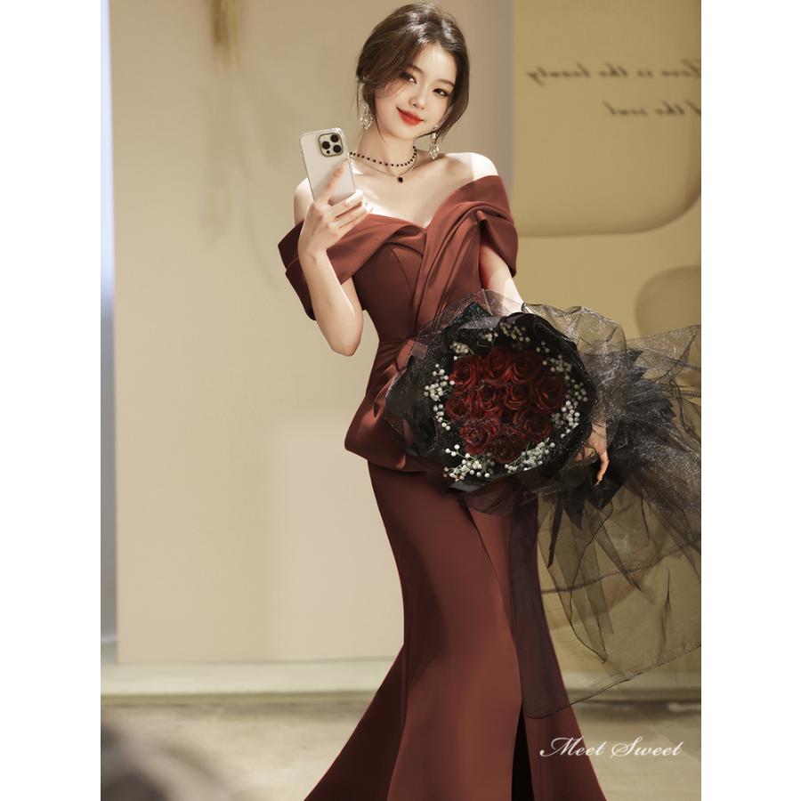 カラードレス ブラウン オフショルダー ロングドレス 結婚式 二次会 発表会 演奏会 ウェディングドレス ウエディングドレス 花嫁 前撮り 上品 マーメイドドレス イブニングドレス パーティードレス ブライダル 披露宴 カクテルドレス フォーマルドレス ステージドレス