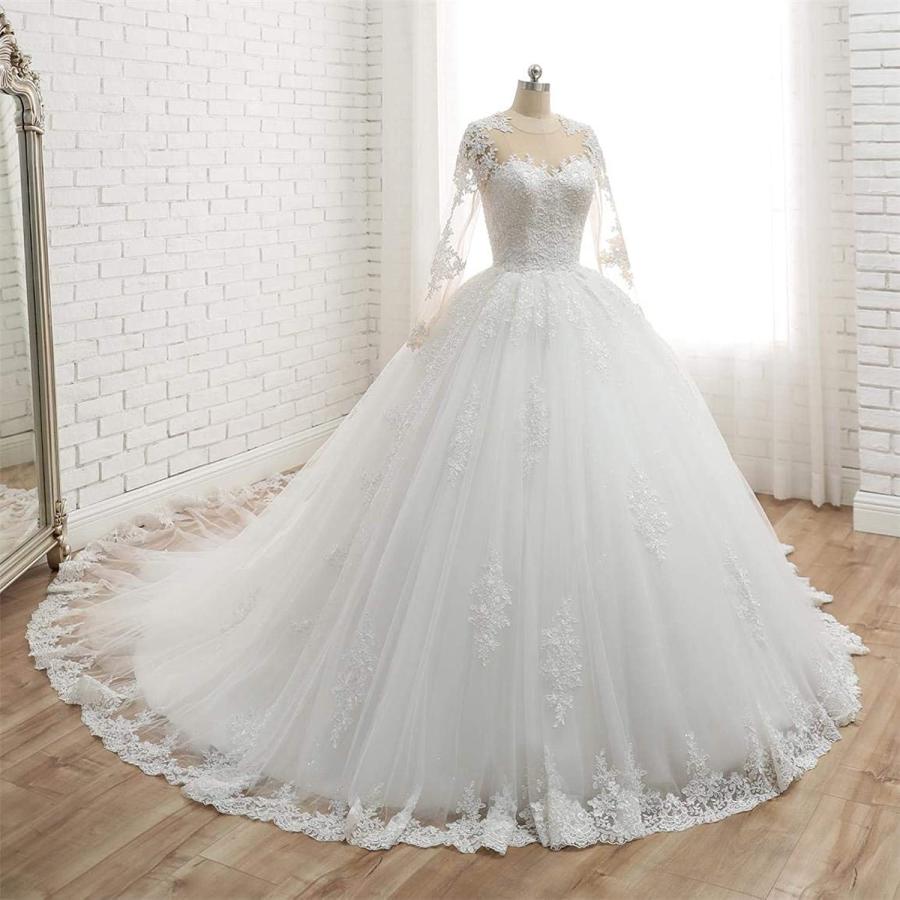ウェディングドレス ウエディングドレス 二次会 結婚式 前撮り ブライダル ロングドレス 花嫁 プリンセスドレス プリンセスラインドレス 長袖 トレーン レース 海外挙式 フォトウェディング オフホワイト wedding dress Aラインドレス 小さいサイズ 大きいサイズ