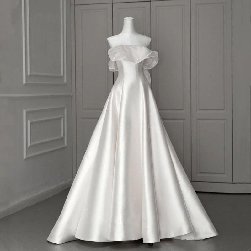 ウェディングドレス ウエディングドレス 二次会 2.5次会 結婚式 披露宴 前撮り 後撮り ブライダル ロングドレス 花嫁 Aラインドレス サテン ビスチェ ベアトップ 海外挙式 フォトウェディング オフホワイト wedding dress 小さいサイズ 大きいサイズ ミートスウィート